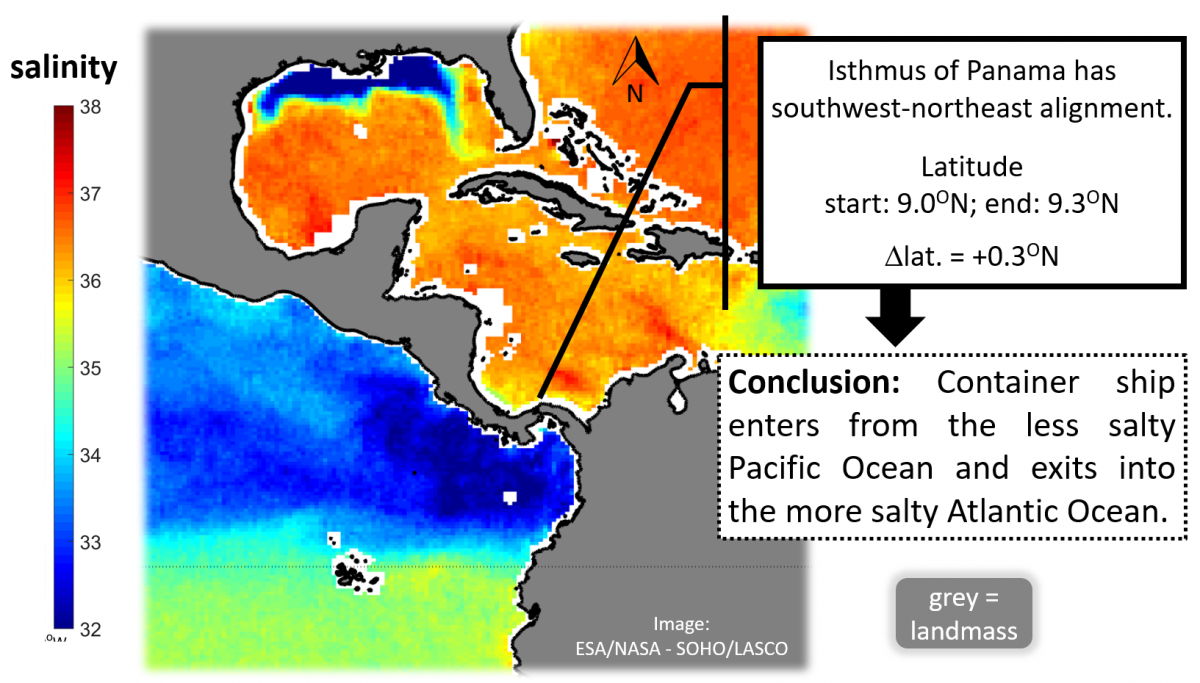 close up map panama canal salinity values