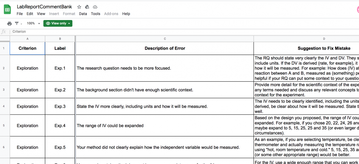 screenshot of Googe Doc of Comment Bank