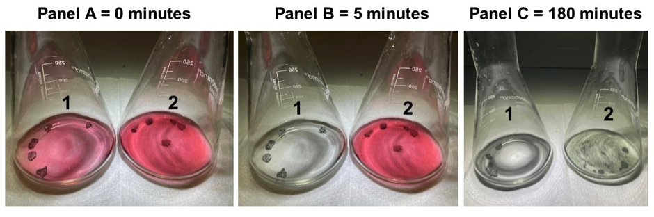 3 time-lapse images of the reduction of methyl orange 