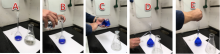 5 image series showing steps of a dilution in a volumetric flask