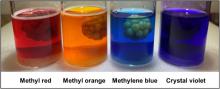 4 beakers with bleached raspberries soaking in red, yellow, blue and violet solutions