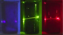 Violet, green and red laser light through iodine vapor
