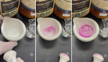 Grinding solid phenolphthalein and solid magnesium hydroxide together using a mortar and pestle