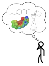 stick man with thought bubble containing chemical structures