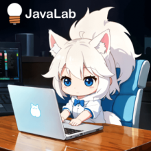 text: JavaLab. next to female on laptop