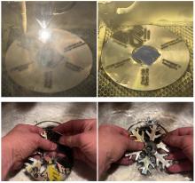 steps in laser cutting and cleaning up a snowflake decoration made from a compact disc.