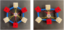 Hexagonal LEGO brick model of piezoelectric structure in (LEFT) uncompressed and (RIGHT) compressed form.