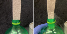 Left: Rectangular polystyrene foam stick not able to be placed into round hole, Right: same stick cooled with liquid nitrogen is able to be placed in round hole