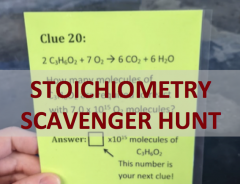 Stoichiometry Scavenger Hunt cover photo, showing a lifted card with Clue 20, which has a chemical reaction and a prompt asking students to convert with molecules